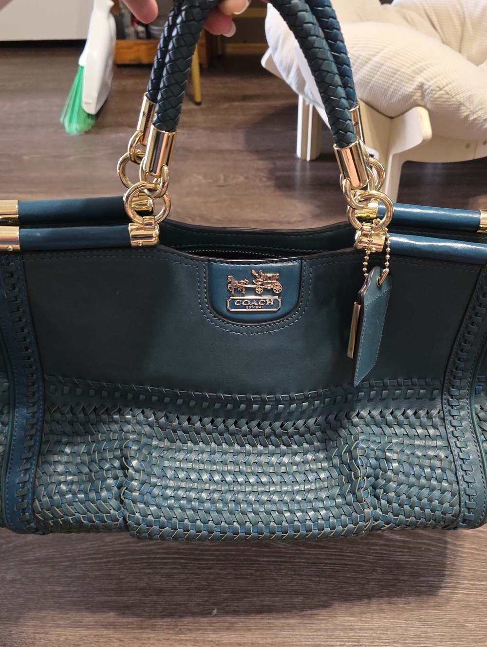 Coach Teal Woven Leather Tote with Gold Hardware
